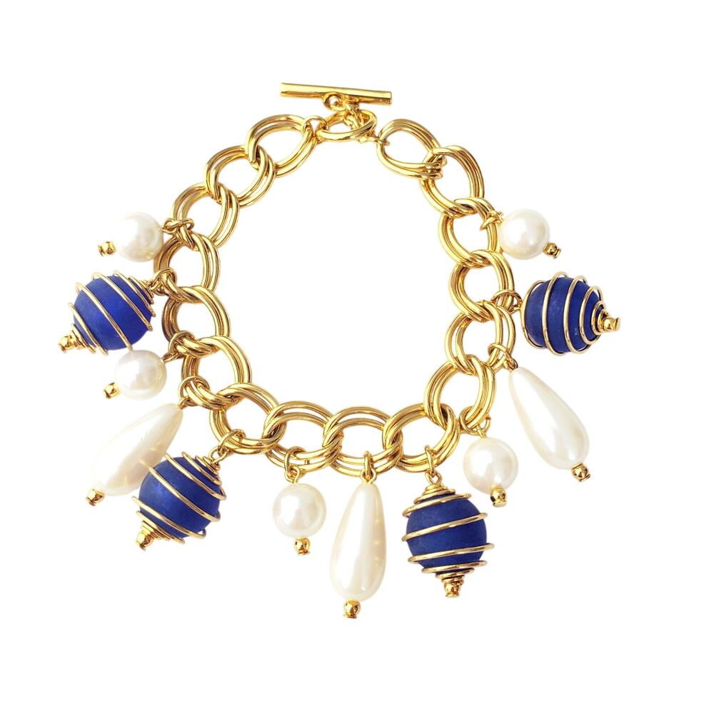 Retro Gold Tone Double Link Bracelet Faux Pearl Caged Blue Frosted Glass Jet Set